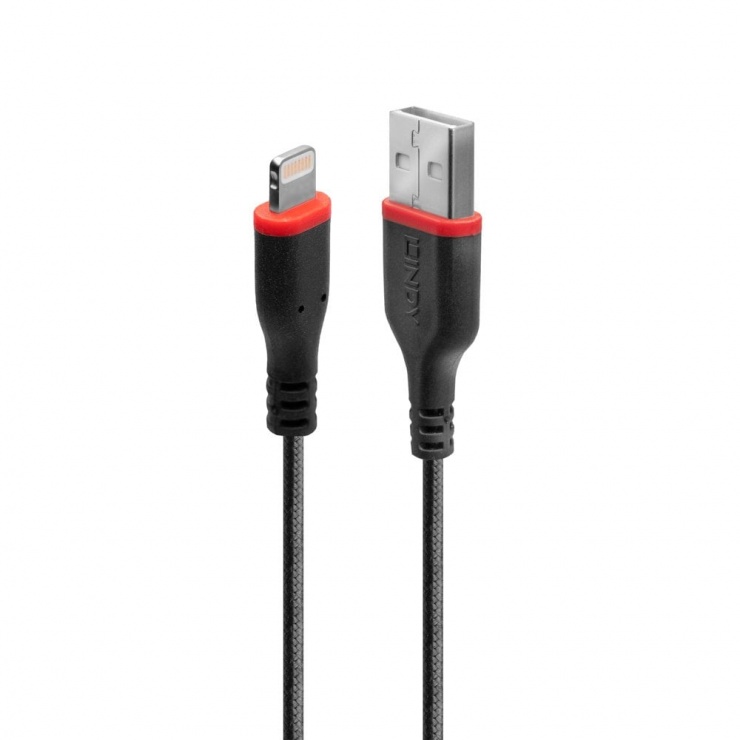 Imagine Cablu de date + incarcare USB la iPhone Lightning rezistent 2m Negru, Lindy L31292